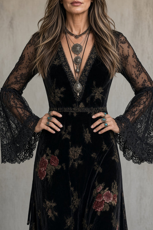 Nathalie | Robe en Velours à Manches en Dentelle