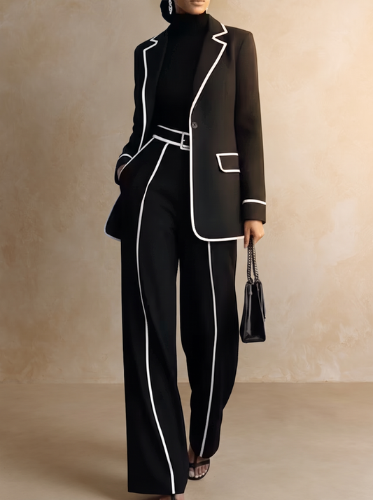 Gwendoline - Ensemble Blazer et Pantalon à Liserés Contrastés, Noir