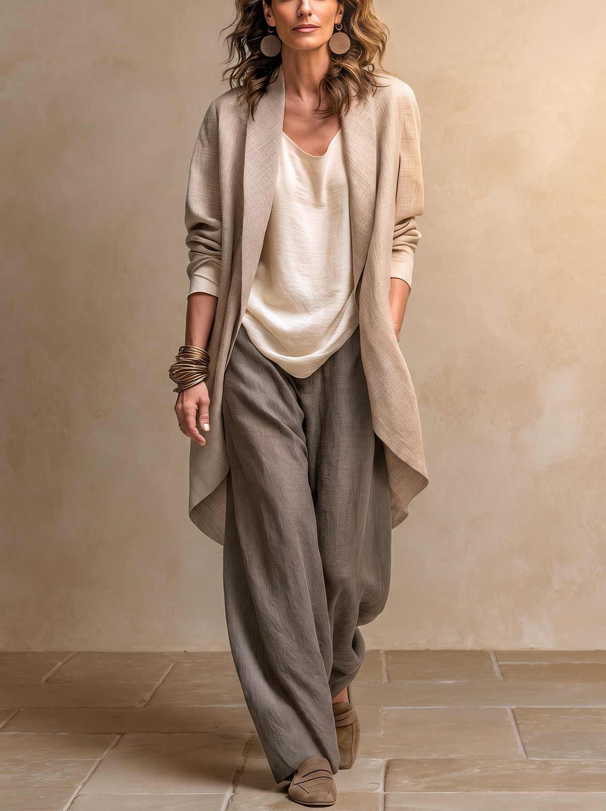 Mahaut - Ensemble Trois Pièces avec Pantalon Palazzo, Beige et Gris