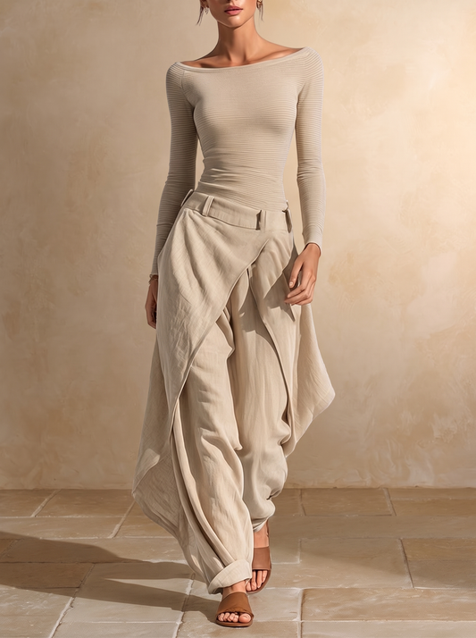 Juliette | Haut Beige Col Bateau et Ensemble Pantalon Large à Superpositions