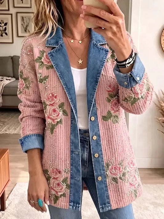 Ariane | Blazer en Jean Vintage Élégant Patchwork Color-Block Rose