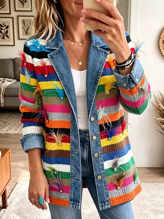Mélina | Veste en Jean Vintage Élégante à Imprimé Plumes