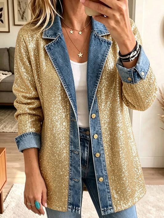 Solange | Veste en Jean à Paillettes Dorées