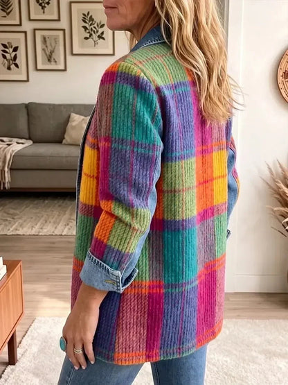 Emmanuelle | Veste en Jean Vintage Élégante Patchwork à Carreaux
