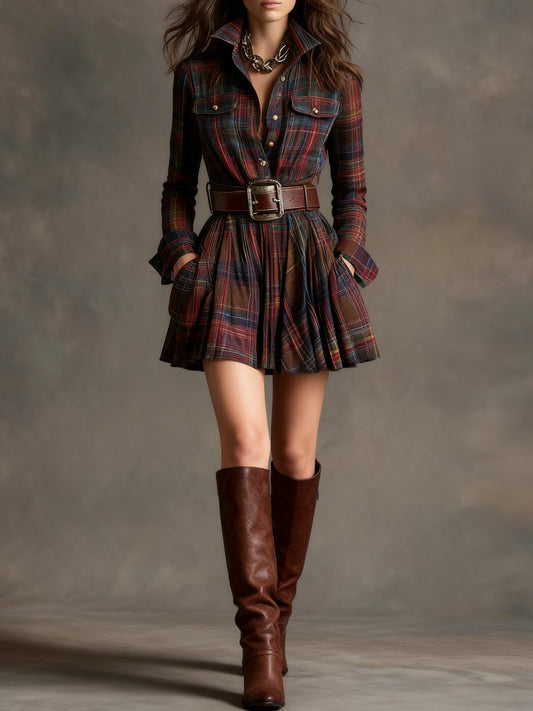 Margot | Mini Robe Vintage à Carreaux Rouge et Marron (Ceinture Incluse)