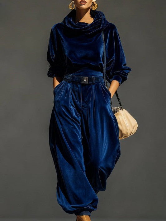 Odile | Ensemble Sweat à Capuche en Velours Marron Vintage et Pantalon Ample (Ceinture Incluse)