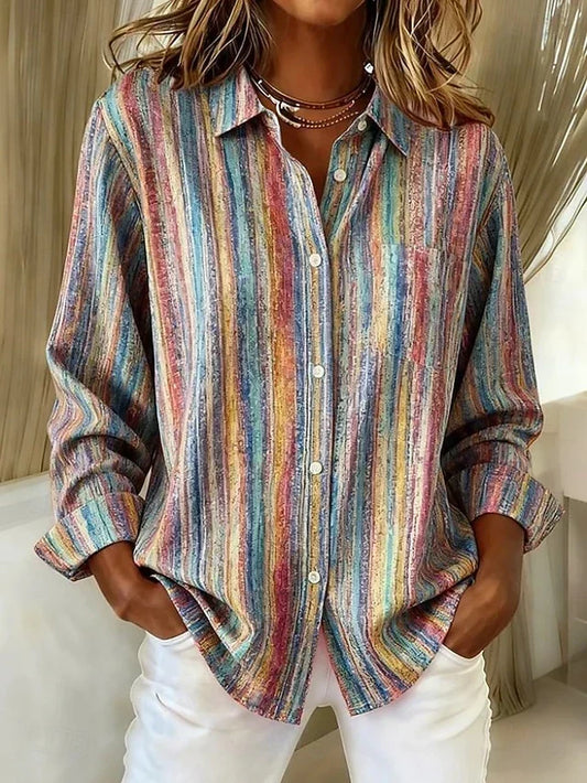 Hélène | Chemisier Vintage à Rayures Multicolores et Boutonnage Devant
