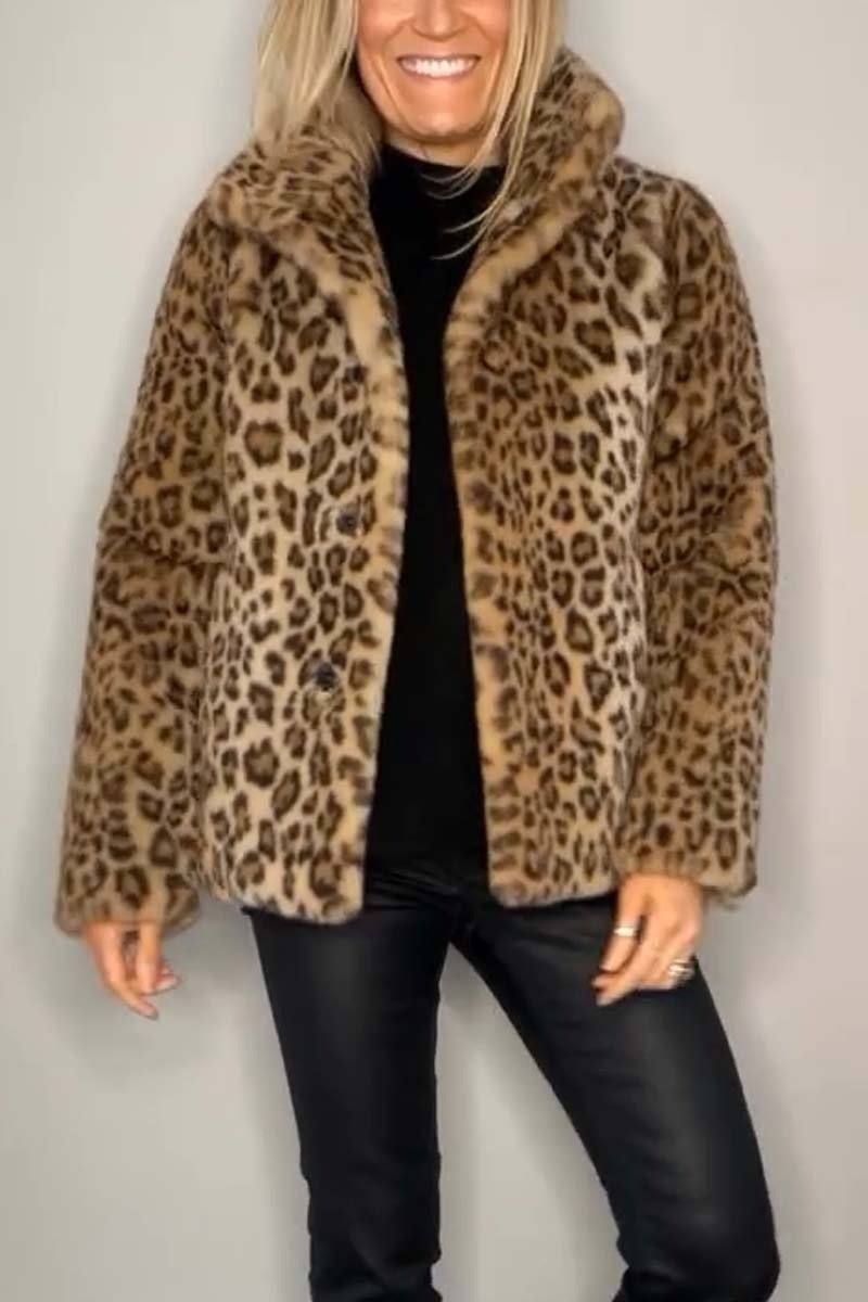 Marie-Inès - Manteau Mi-long en Fausse Fourrure Léopard à Revers