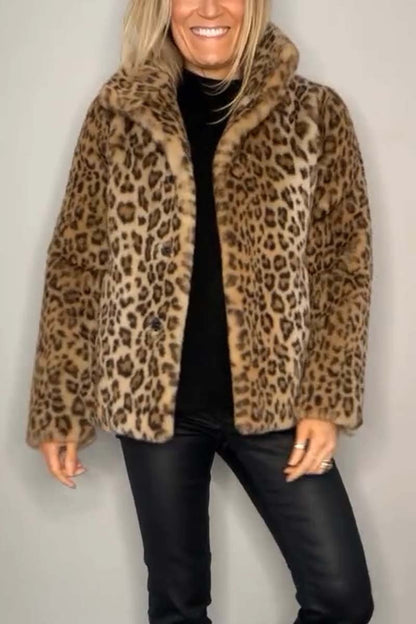 Marie-Inès - Manteau Mi-long en Fausse Fourrure Léopard à Revers