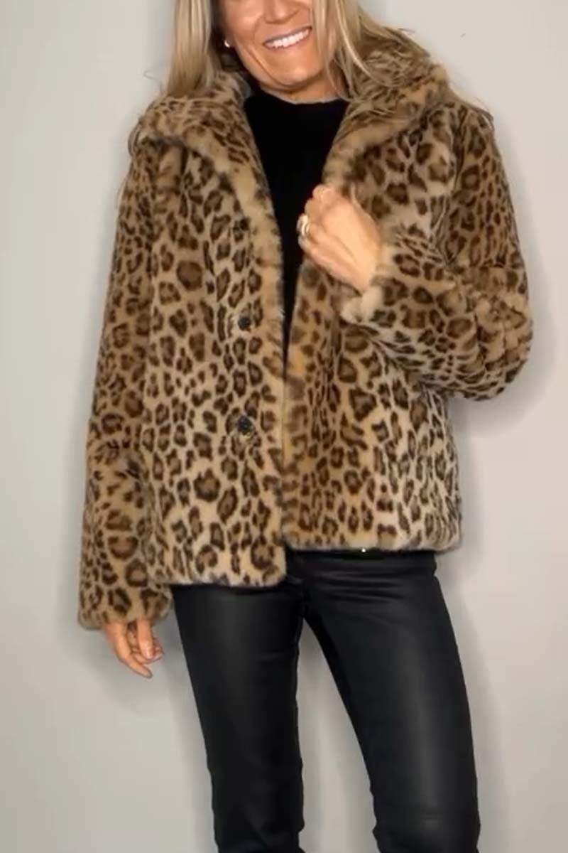 Marie-Inès - Manteau Mi-long en Fausse Fourrure Léopard à Revers