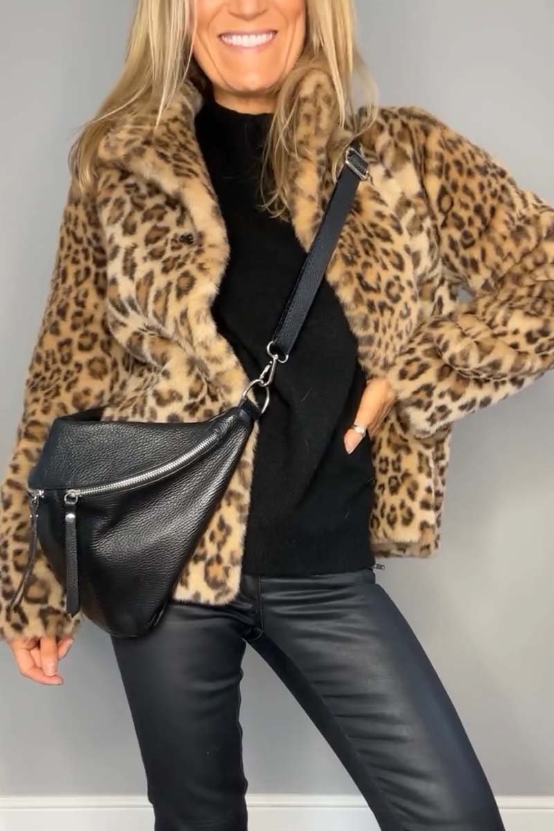 Marie-Inès - Manteau Mi-long en Fausse Fourrure Léopard à Revers