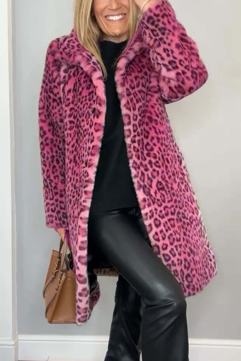 Marie-Inès - Manteau Mi-long en Fausse Fourrure Léopard à Revers