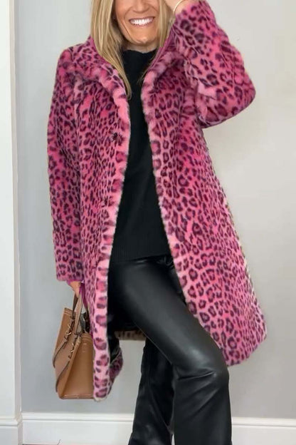 Marie-Inès - Manteau Mi-long en Fausse Fourrure Léopard à Revers