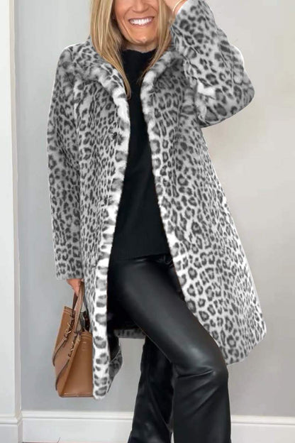 Marie-Inès - Manteau Mi-long en Fausse Fourrure Léopard à Revers