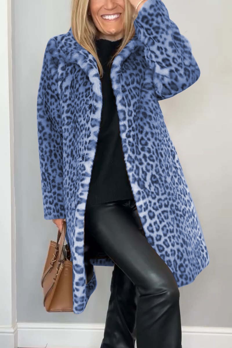 Marie-Inès - Manteau Mi-long en Fausse Fourrure Léopard à Revers