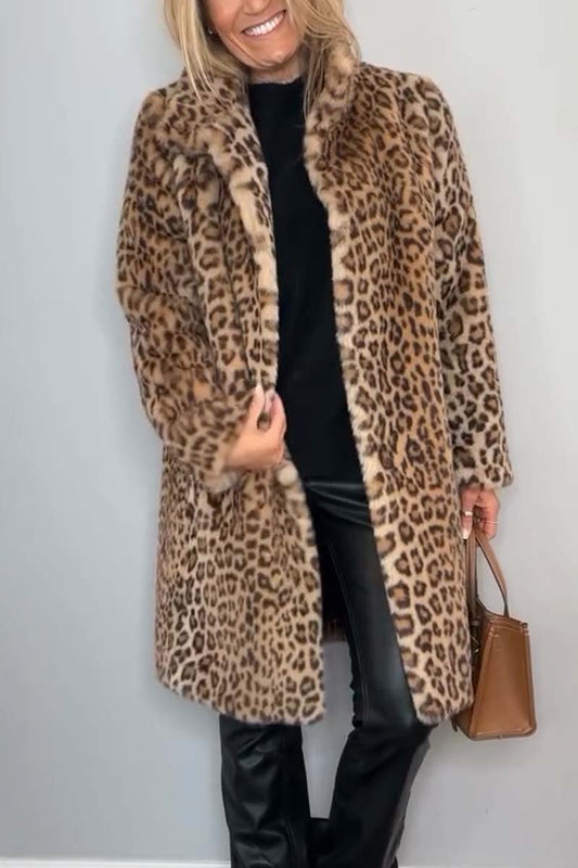 Marie-Inès - Manteau Mi-long en Fausse Fourrure Léopard à Revers