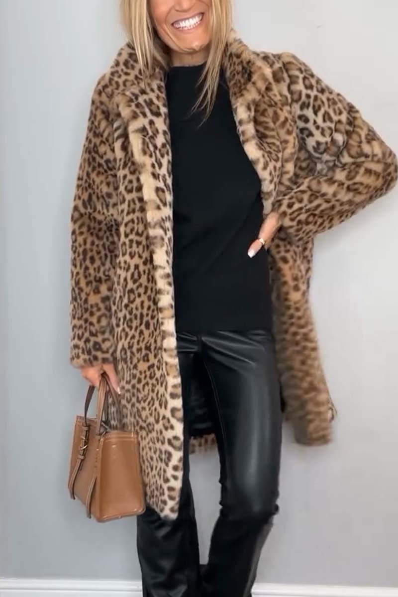 Marie-Inès - Manteau Mi-long en Fausse Fourrure Léopard à Revers