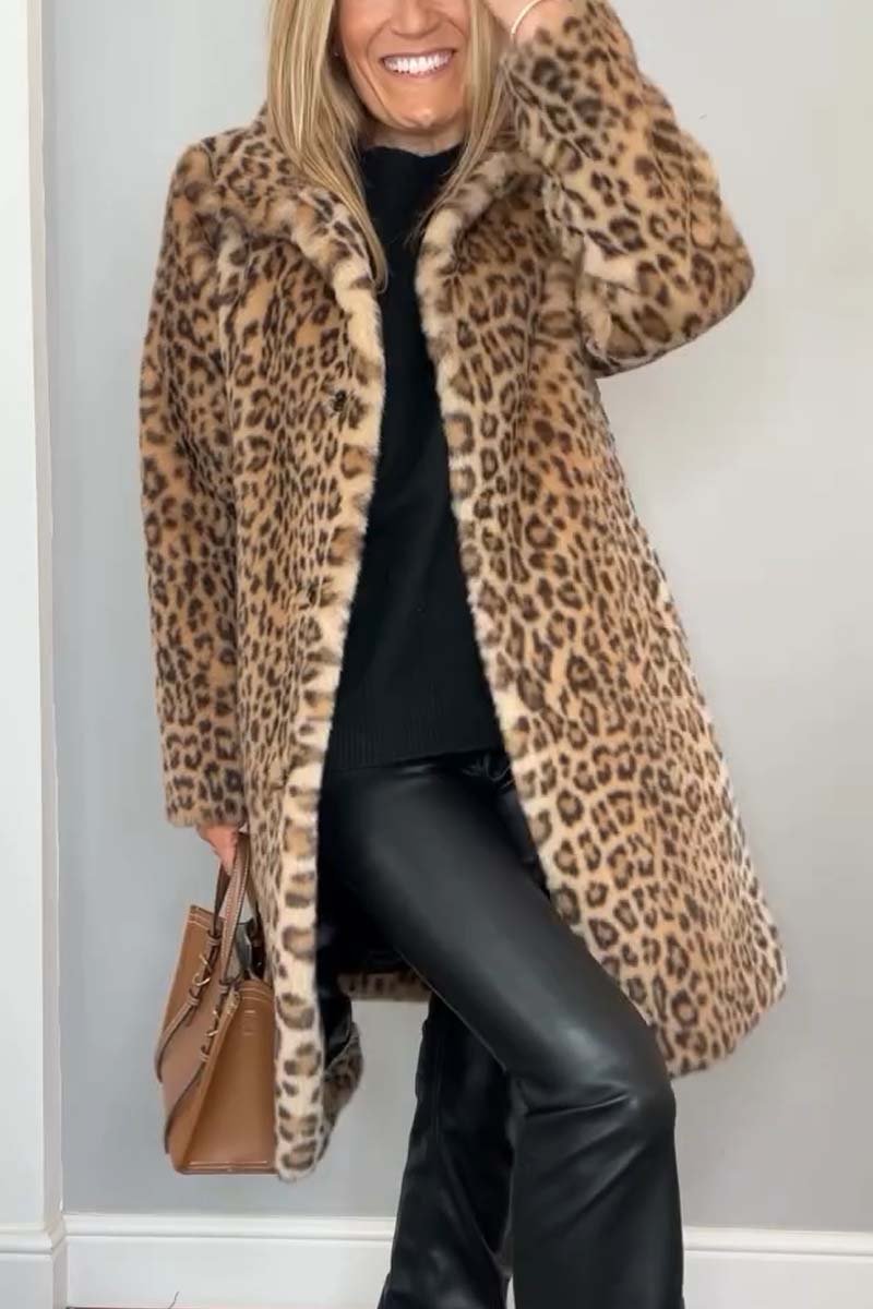 Marie-Inès - Manteau Mi-long en Fausse Fourrure Léopard à Revers