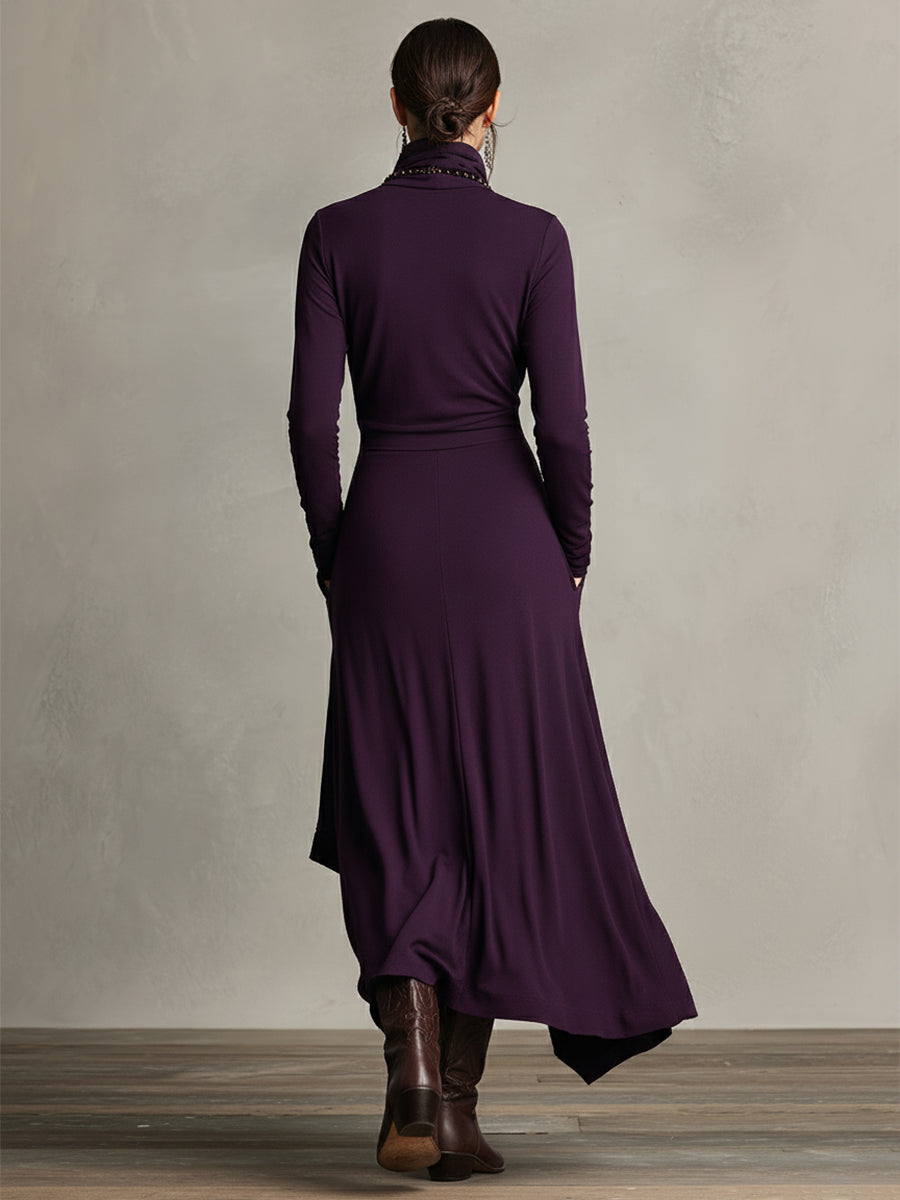 Édith - Robe Maxi Bohème en Coton à Col Montant et Drapé Asymétrique