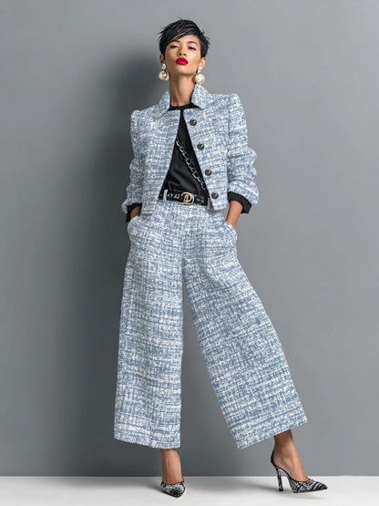 Axelle - Ensemble Veste Courte Effet Tweed et Pantalon Large
