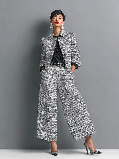 Axelle - Ensemble Veste Courte Effet Tweed et Pantalon Large
