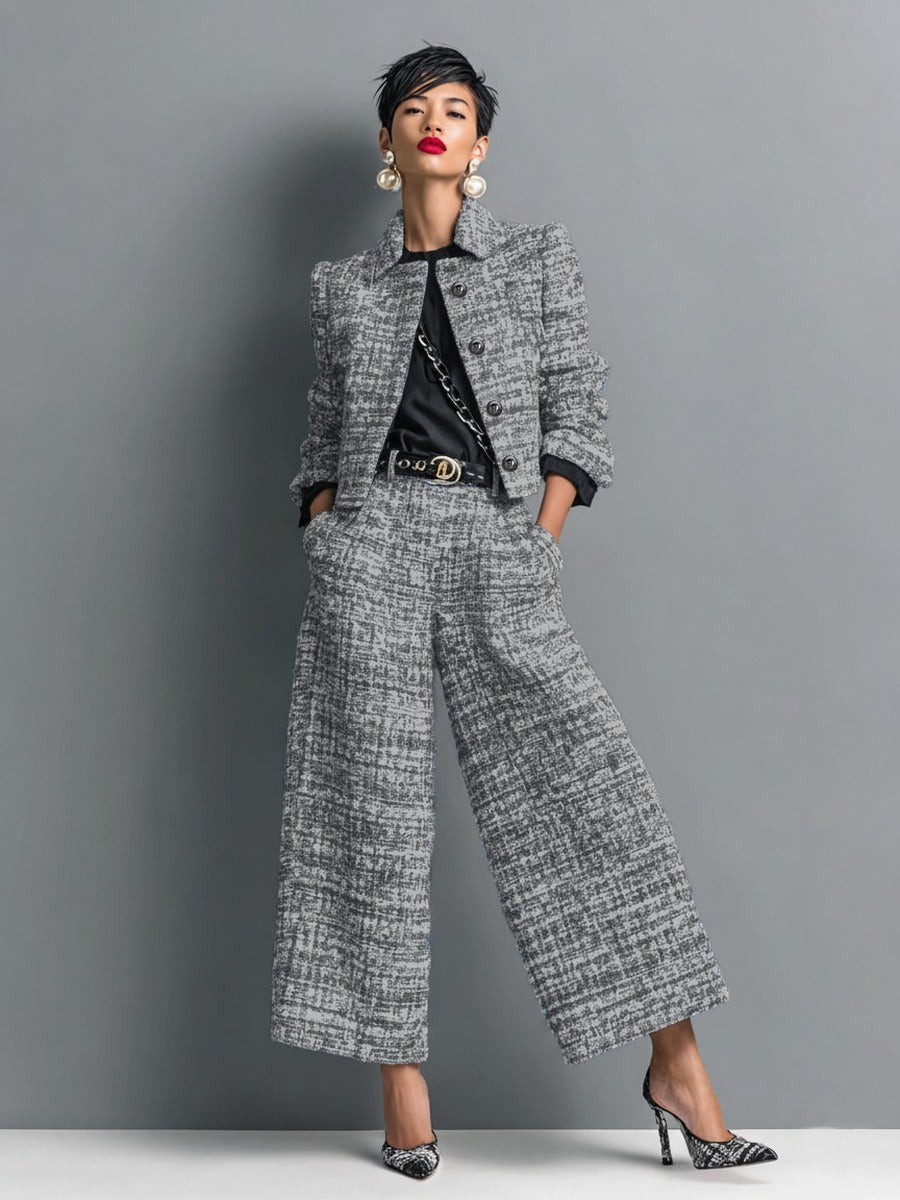 Axelle - Ensemble Veste Courte Effet Tweed et Pantalon Large