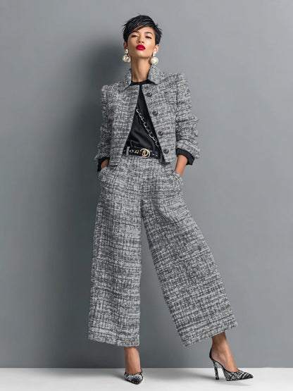 Axelle - Ensemble Veste Courte Effet Tweed et Pantalon Large