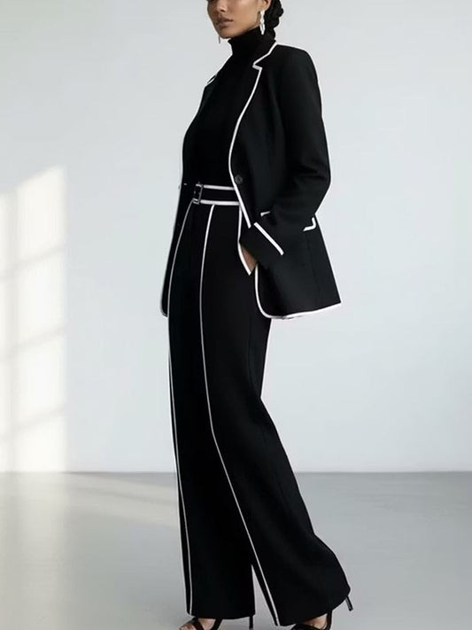Gwendoline - Ensemble Blazer et Pantalon à Liserés Contrastés, Noir