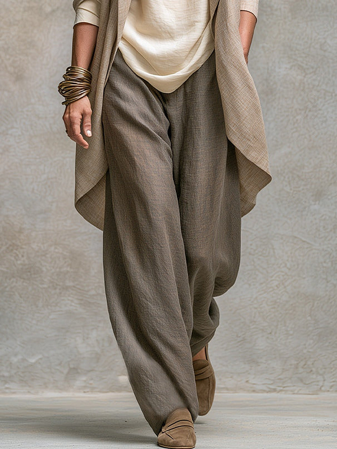 Mahaut - Ensemble Trois Pièces avec Pantalon Palazzo, Beige et Gris