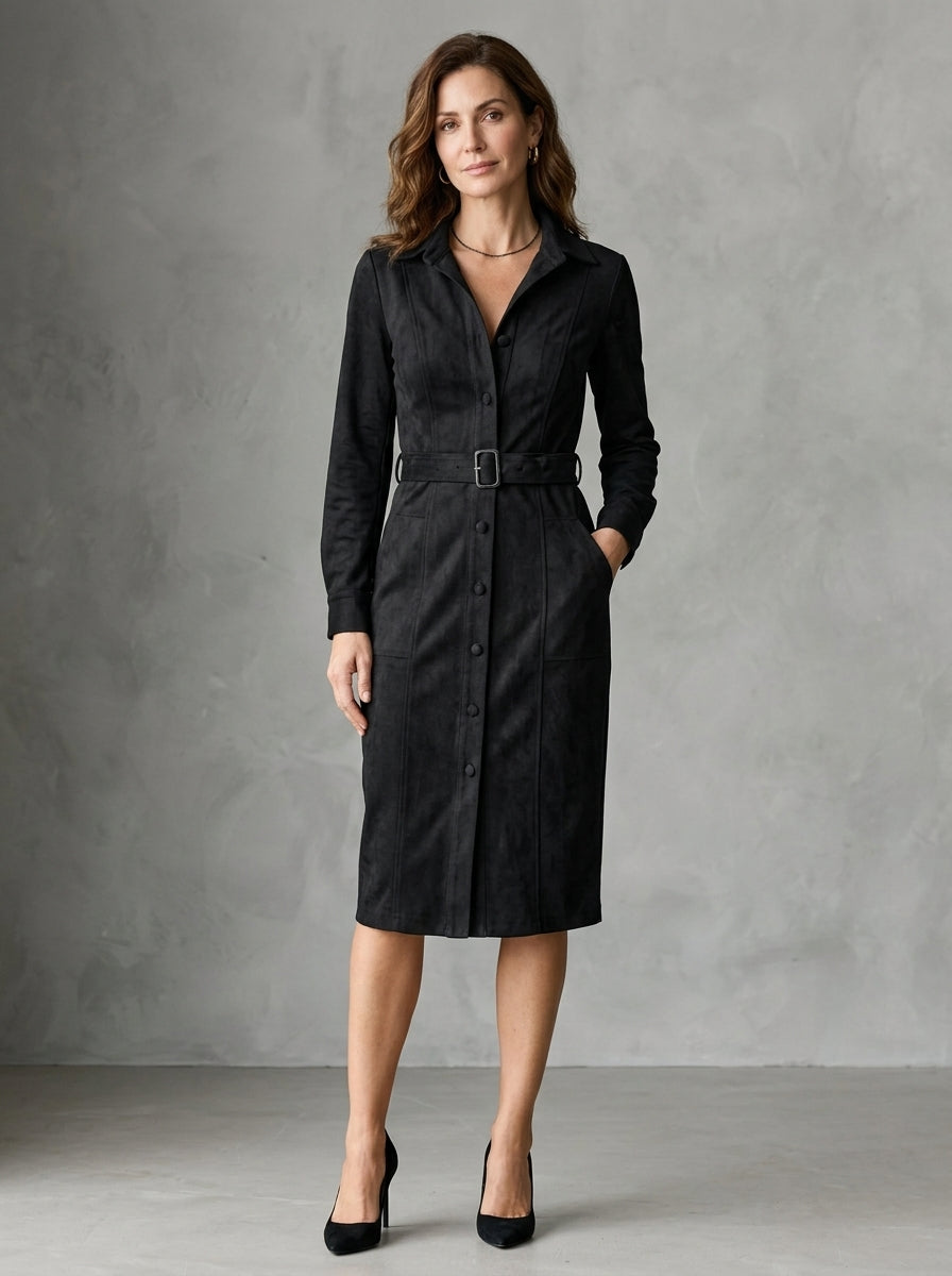 Maurizia - Robe Midi Chemise Effet Daim à Revers et Ceinture à Boucle, Noir — photo 1