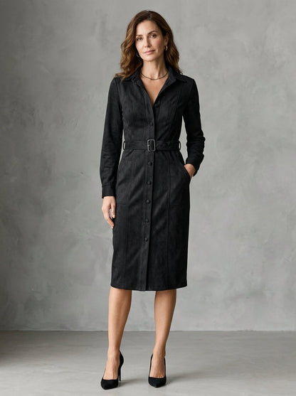 Maurizia - Robe Midi Chemise Effet Daim à Revers et Ceinture à Boucle, Noir — photo 1