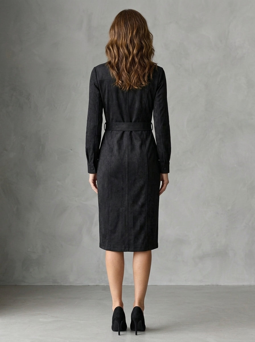 Maurizia - Robe Midi Chemise Effet Daim à Revers et Ceinture à Boucle, Noir — photo 2