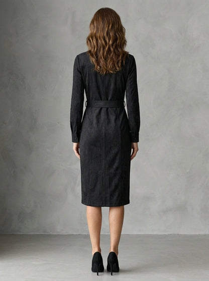Maurizia - Robe Midi Chemise Effet Daim à Revers et Ceinture à Boucle, Noir — photo 2