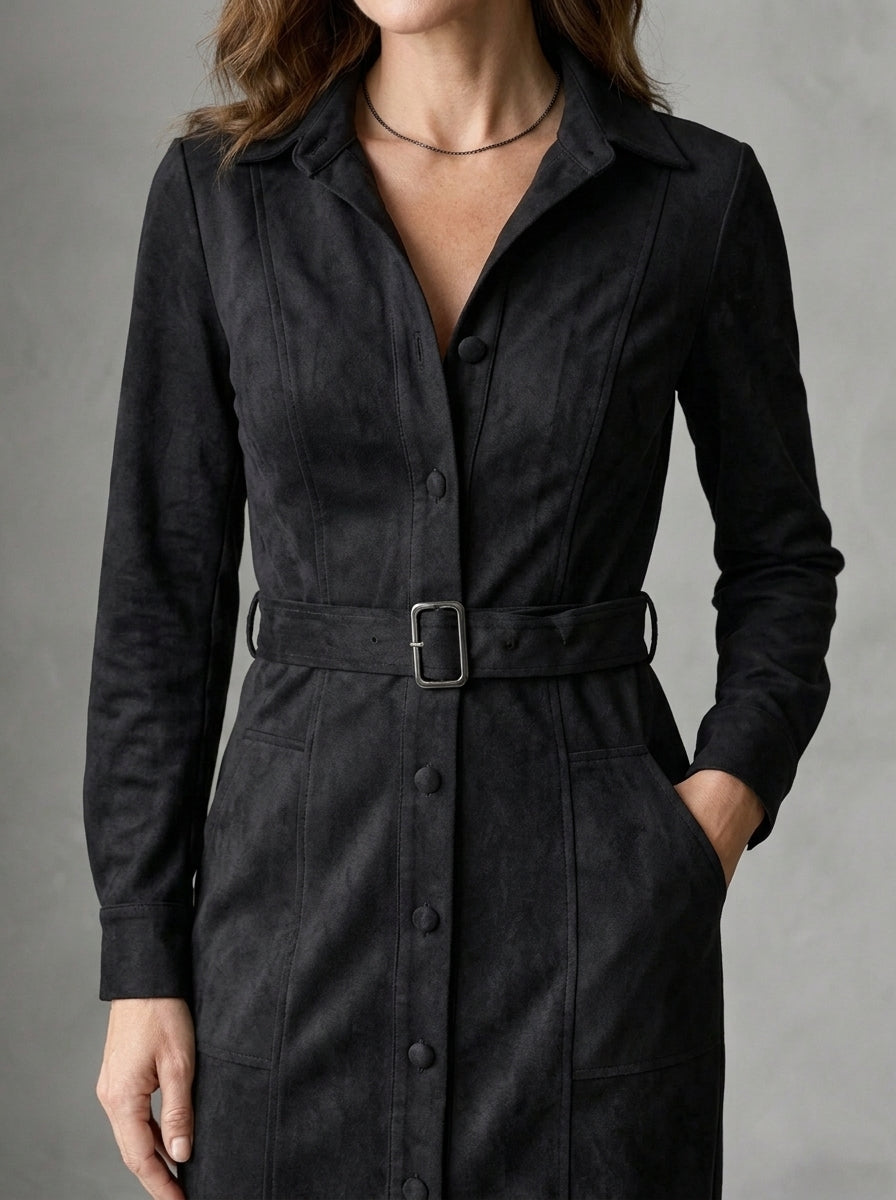 Maurizia - Robe Midi Chemise Effet Daim à Revers et Ceinture à Boucle, Noir — photo 3