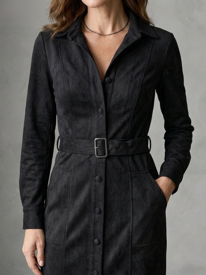 Maurizia - Robe Midi Chemise Effet Daim à Revers et Ceinture à Boucle, Noir — photo 3