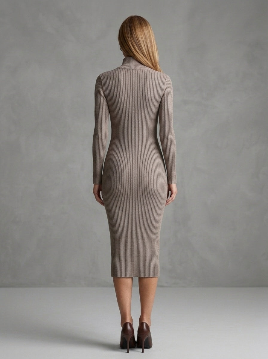 Morena - Robe Midi Moulante en Maille Côtelée à Col Montant et Décolleté en V, Taupe — photo 2