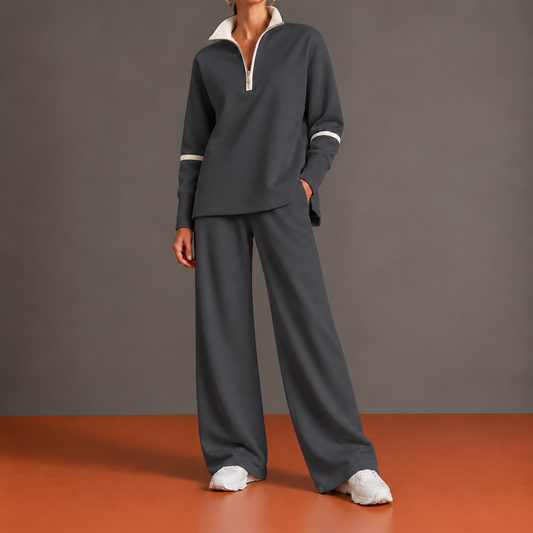 Pierrette - Ensemble Demi-Zip, Ourlet Asymétrique et Pantalon Palazzo