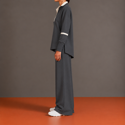 Pierrette - Ensemble Demi-Zip, Ourlet Asymétrique et Pantalon Palazzo