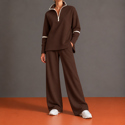 Pierrette - Ensemble Demi-Zip, Ourlet Asymétrique et Pantalon Palazzo