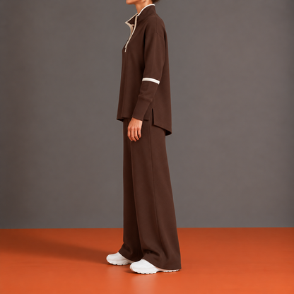 Pierrette - Ensemble Demi-Zip, Ourlet Asymétrique et Pantalon Palazzo