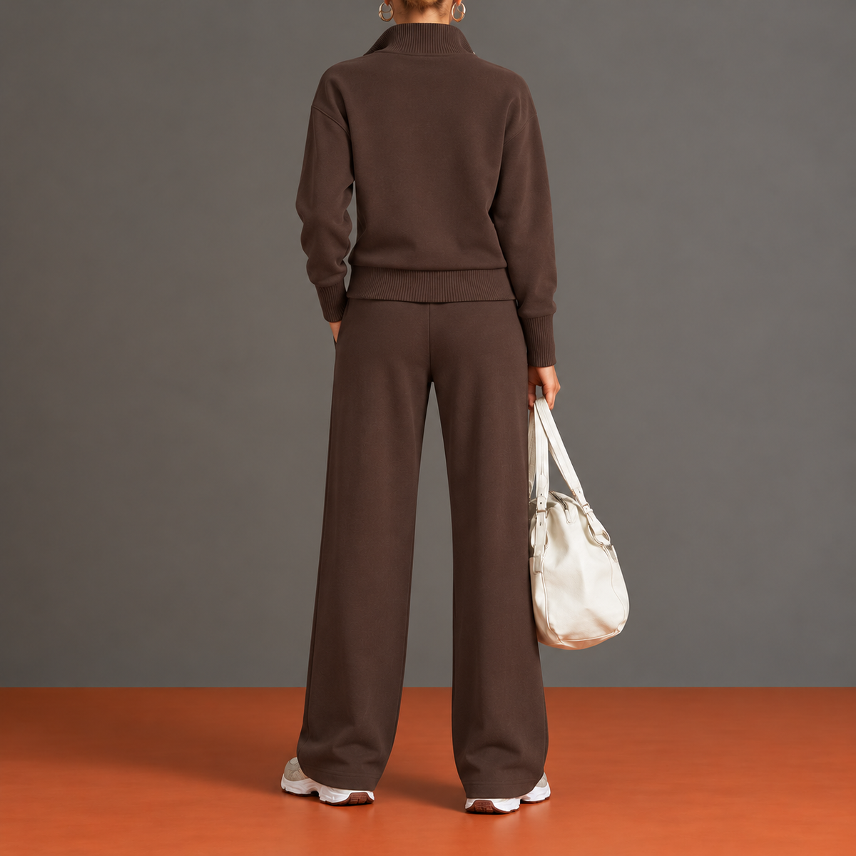 Murielle - Ensemble Demi-Zip à Détails Côtelés Verticaux