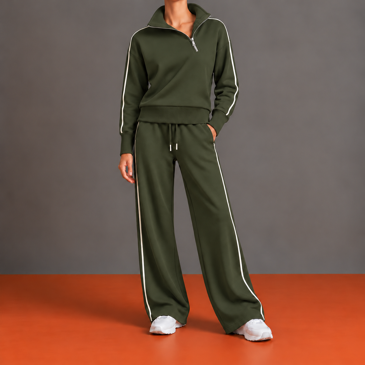 Sandrine - Ensemble Zip Décentré, Col Montant et Pantalon Large