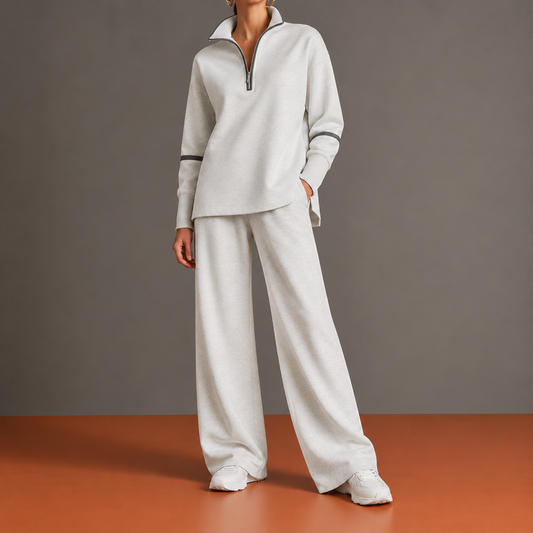 Pierrette - Ensemble Demi-Zip, Ourlet Asymétrique et Pantalon Palazzo