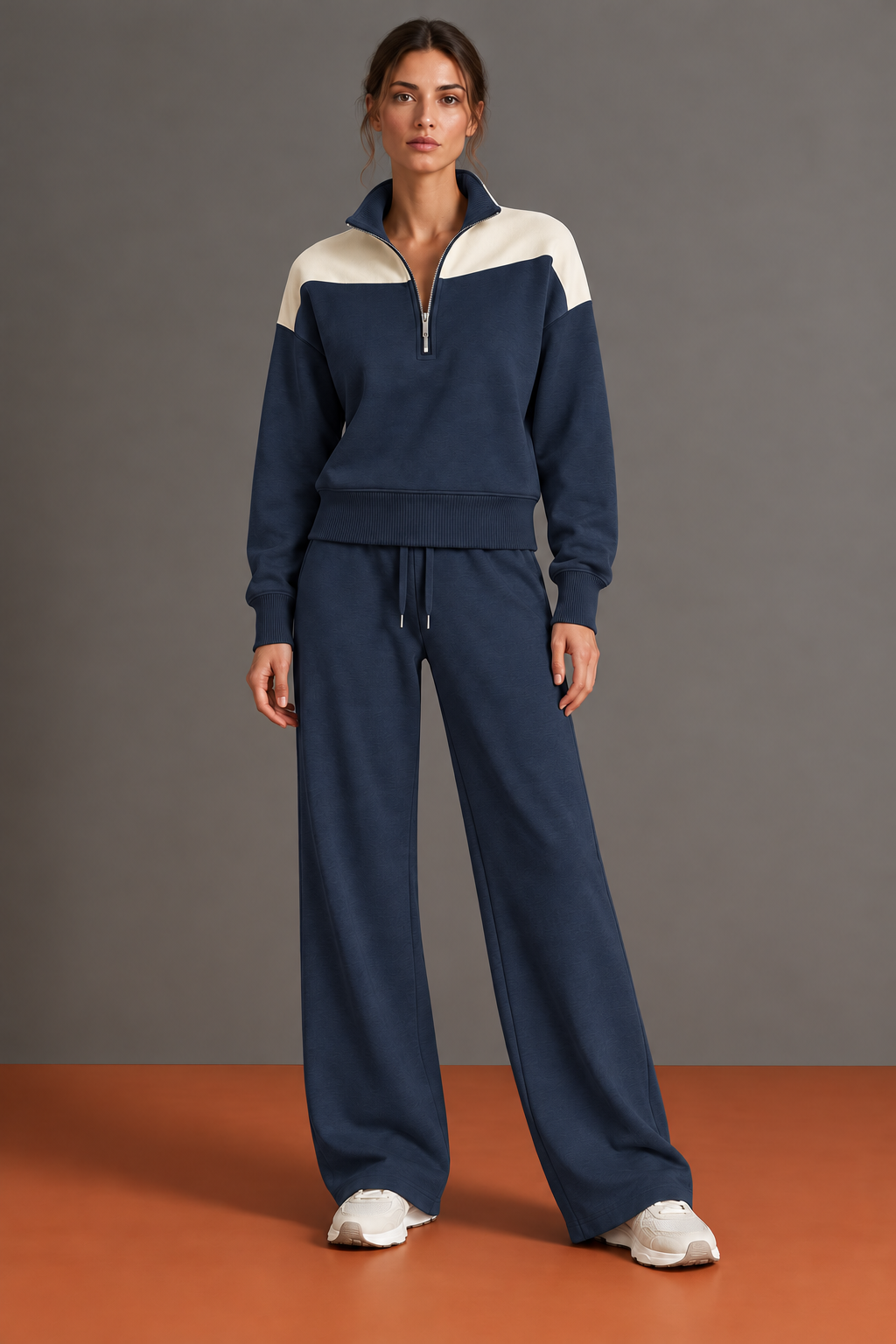 Charlotte - Ensemble Ample Demi-Zip à Épaules Contrastées