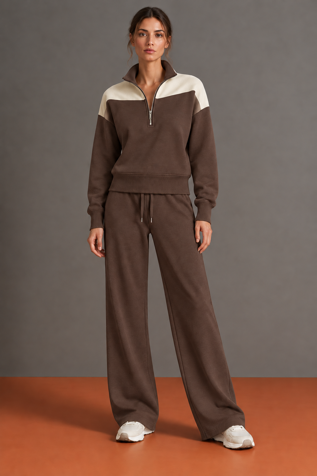 Charlotte - Ensemble Ample Demi-Zip à Épaules Contrastées