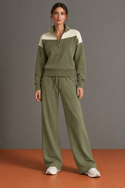 Charlotte - Ensemble Ample Demi-Zip à Épaules Contrastées
