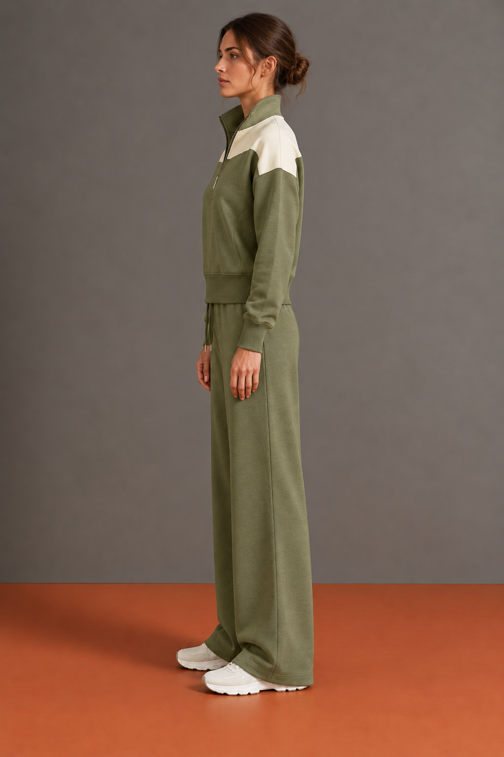 Charlotte - Ensemble Ample Demi-Zip à Épaules Contrastées