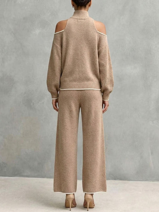 Ghyslaine - Ensemble Pull Col Roulé à Épaules Dénudées et Pantalon Large