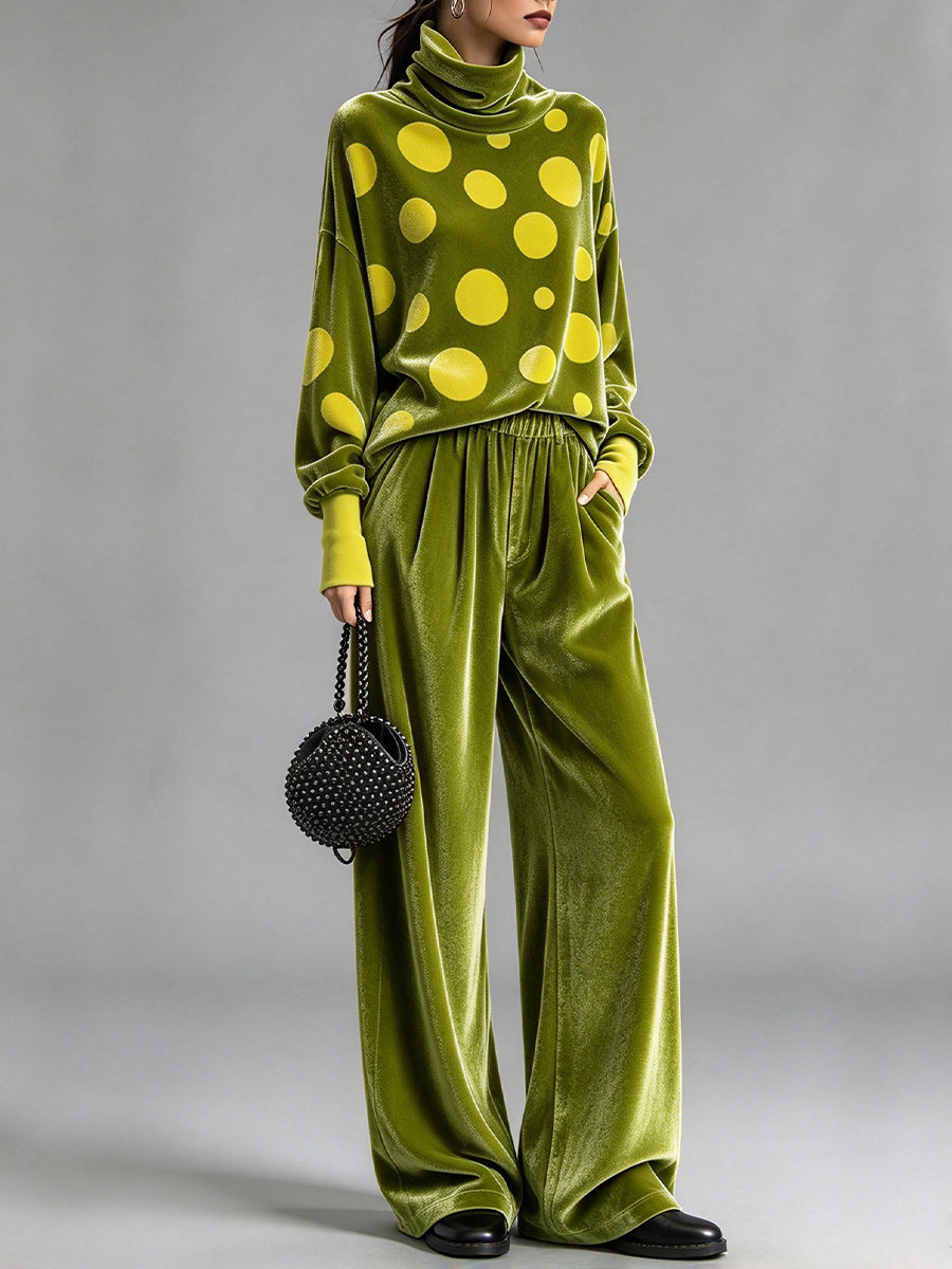 Anne-Élise - Ensemble Haut en Velours à Pois et Pantalon Uni