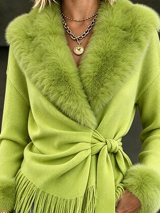 Marie-Clotilde - Gilet Portefeuille à Franges et Bordures Fausse Fourrure